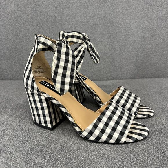 Design Lab Block Heel Shoes Womens Size 7M Black White Gingham Ankle Tie Sandals - Picture 1 of 16
